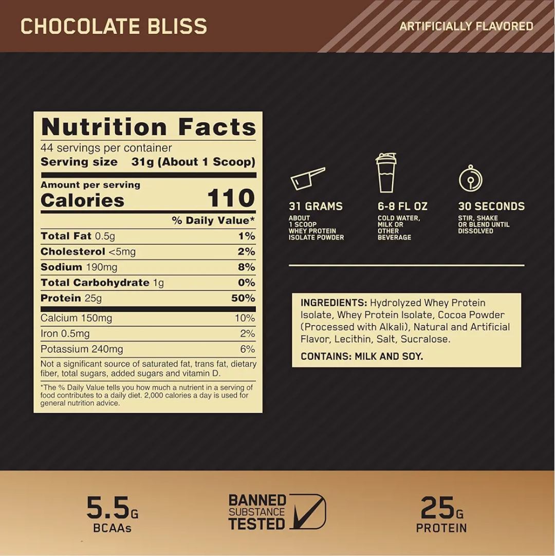 Nutrition facts of optimum nutrition gold standard isolate whey