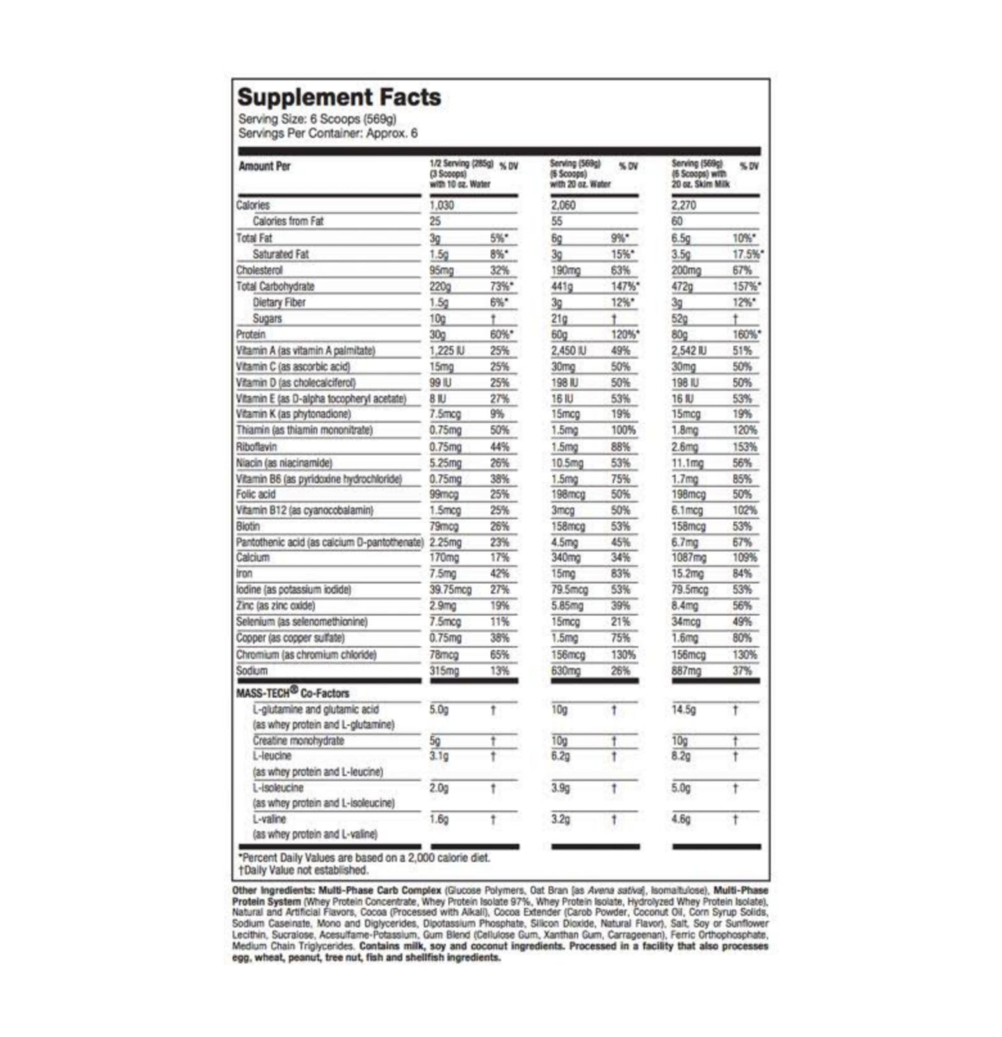 muscletech masstech 6lbs nutrition facts
