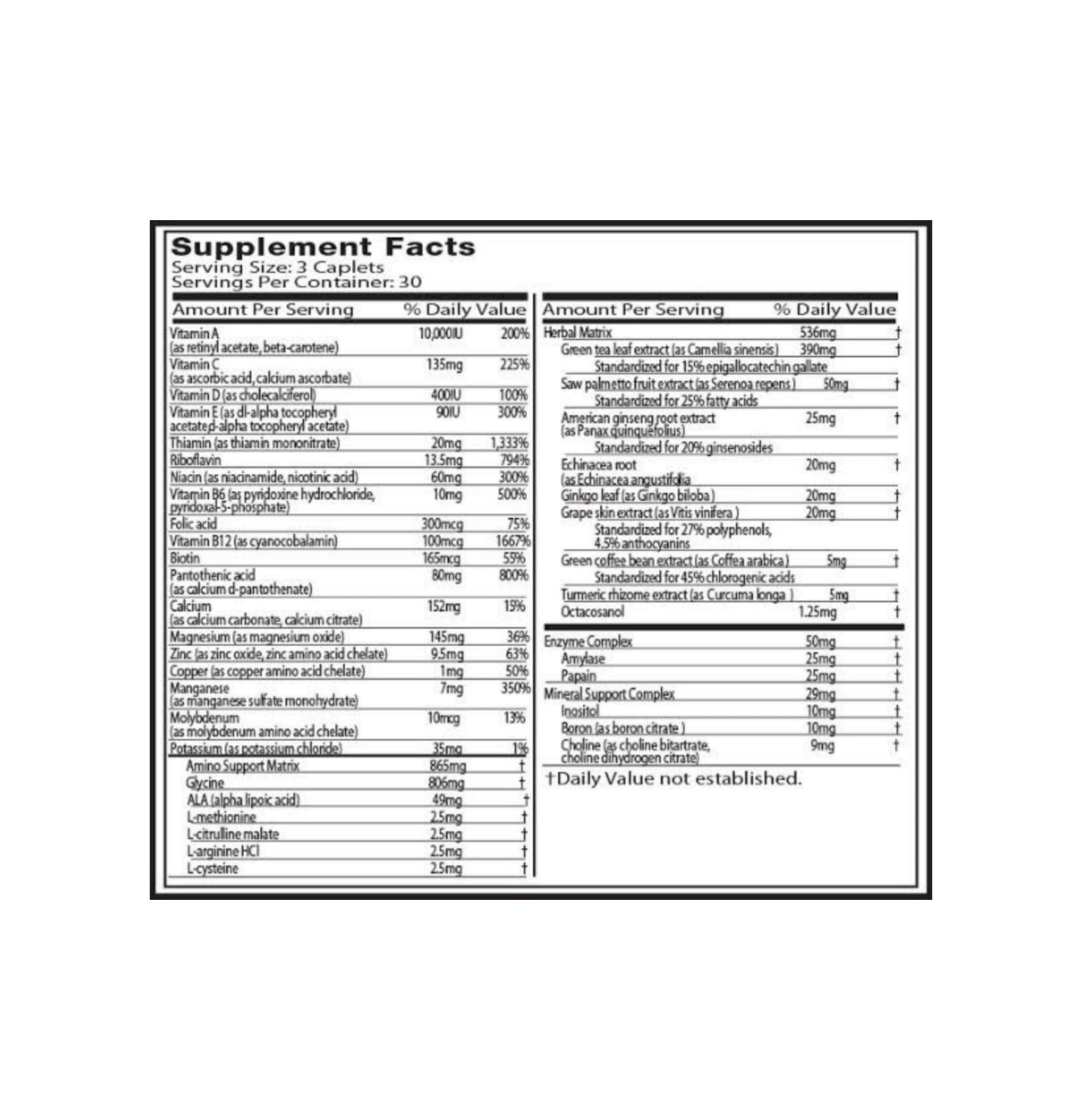 muscletech platinum multivitamin nutrition facts