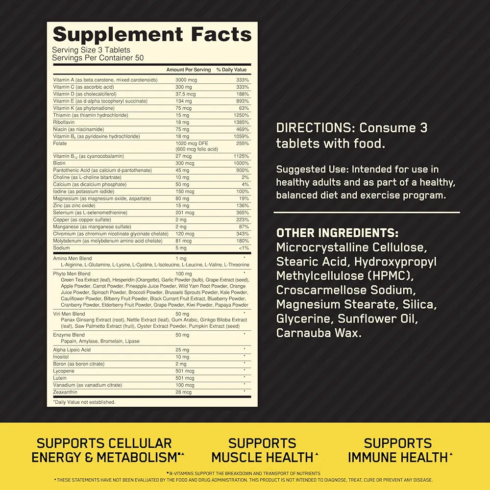 optimum nutrition opti men 150 tablets nutrition facts
