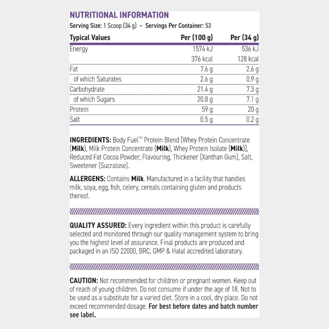Nutrition Facts of BodyFuel Whey Protein