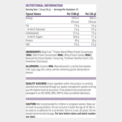 Nutrition Facts of BodyFuel Whey Protein