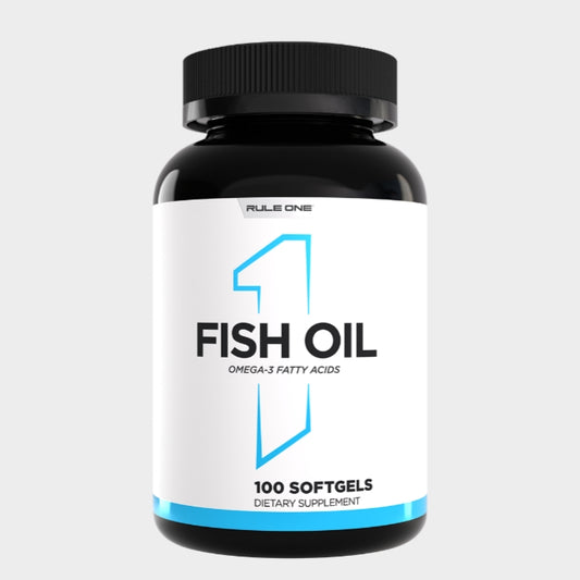 Rule1 Fish Oil supplement bottle - premium omega-3 softgels for heart, brain, eye, and joint health, available at Ace Nutrition.