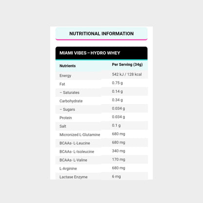 miami vibes hydro whey nutrition facts