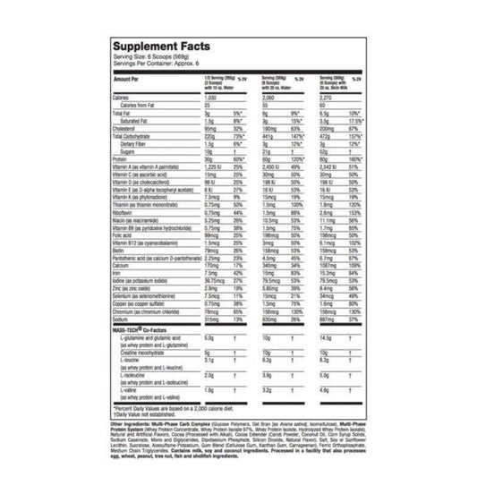 muscletech masstech 6lbs nutrition facts