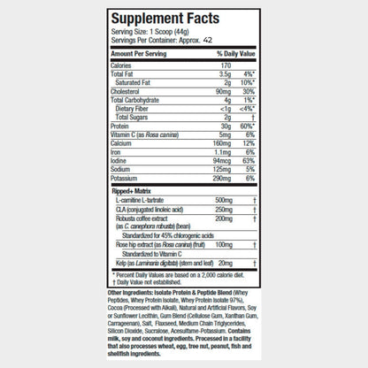 Nutrition facts of Muscletech Nitro Tech Ripped
