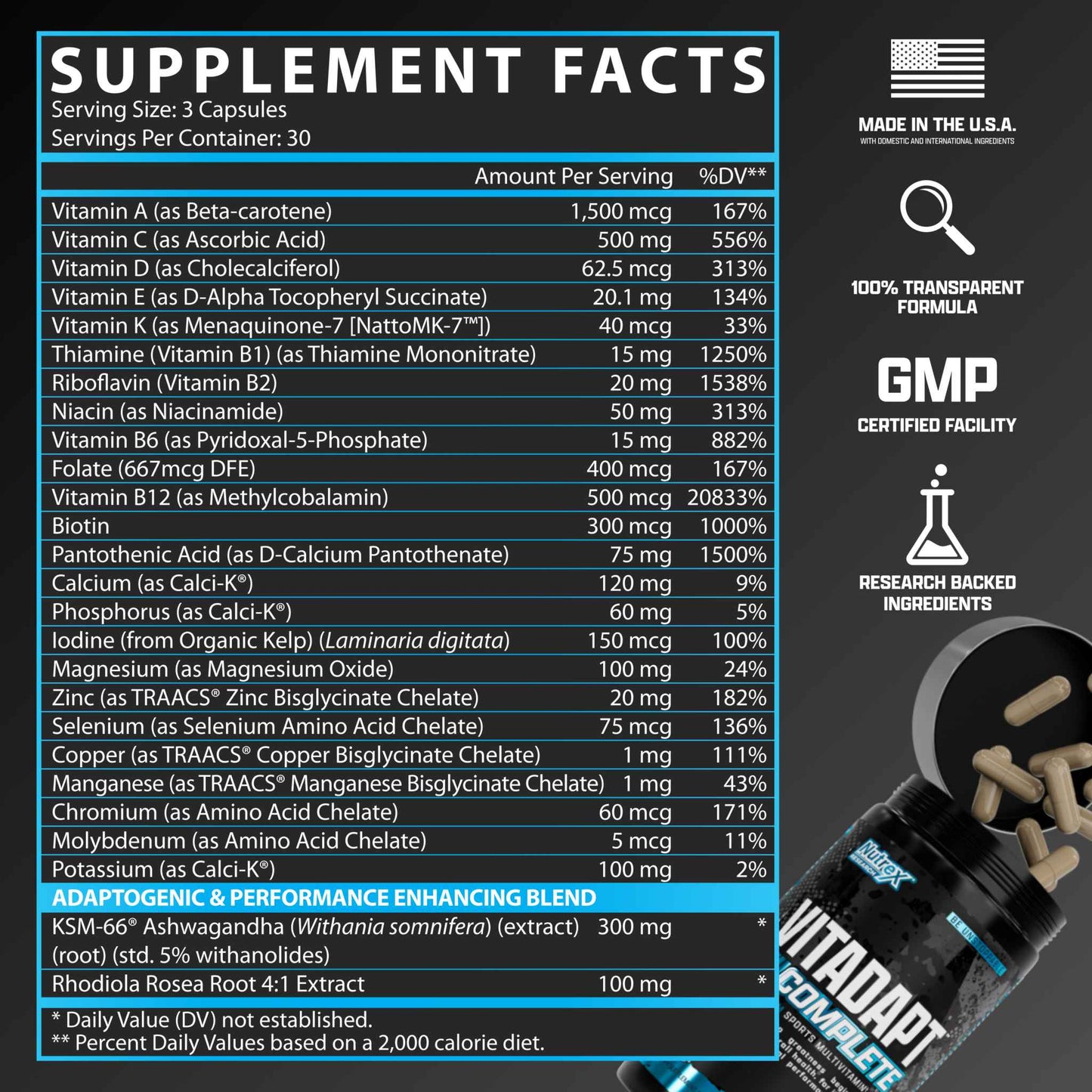Nutrition facts of nutrex vitadapt