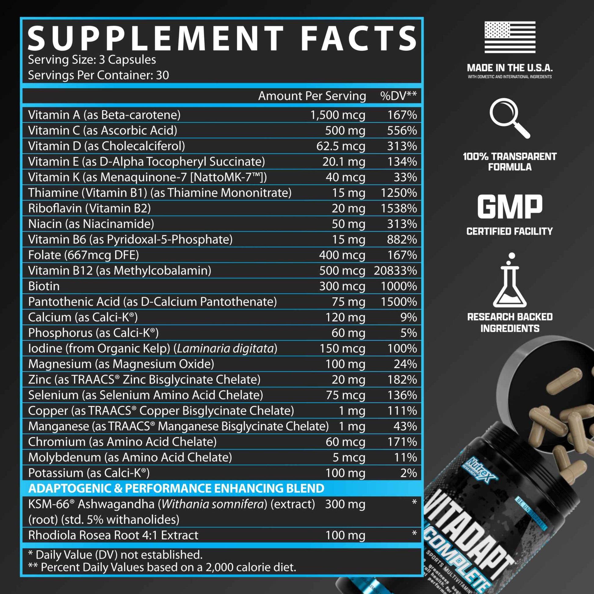 Nutrition facts of nutrex vitadapt